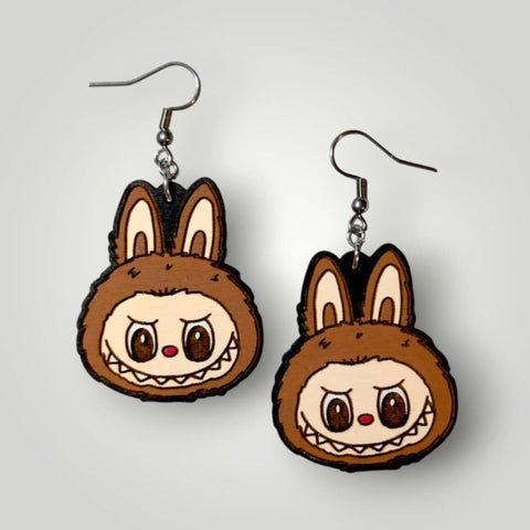 Earrings (Hand Painted Wood) - Labubu Monster Brown