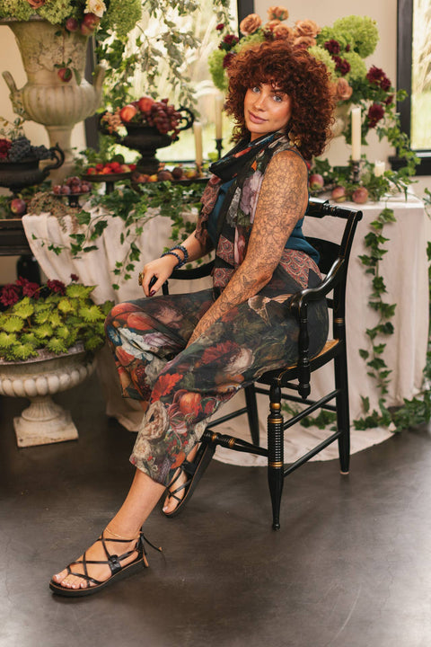 Linen Cropped Artist Pants - Flight of Fancy with Hummingbird