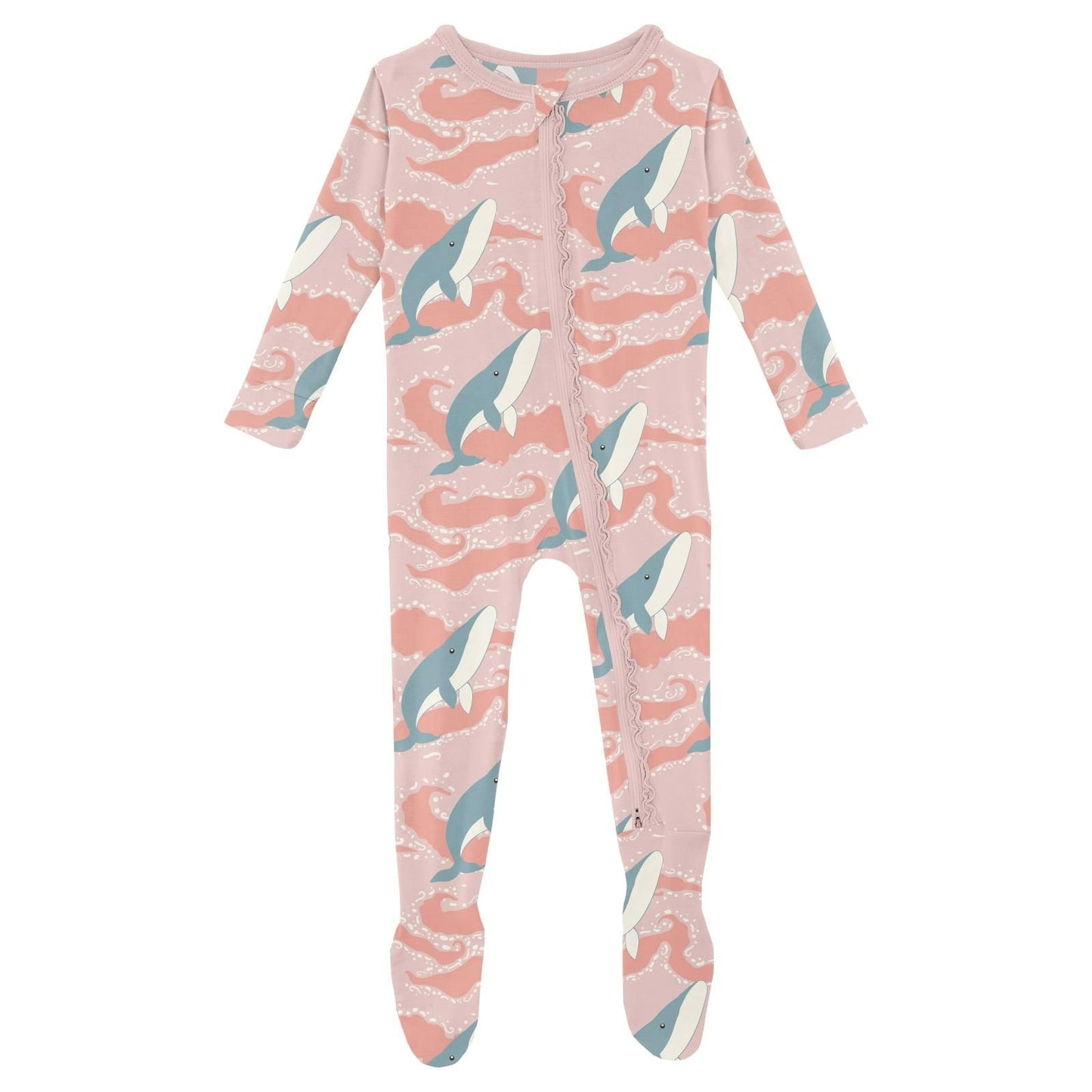 Footie with Muffin Ruffles (2 Way Zipper) - Baby Rose Splashing Whales