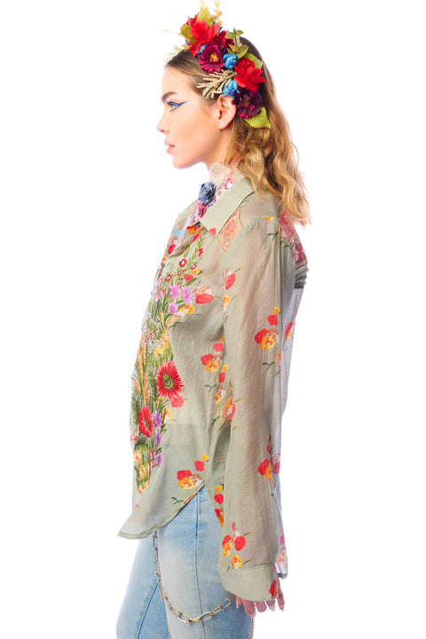 Mia Grace Shirt - Spring Shirt Dress: Light Olive Floral