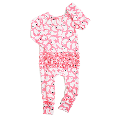 Last One - Size 3/6M: Coverall (Zipper) - Glinda Ghosts Ruffle Bamboo