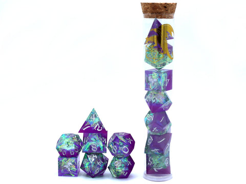 Captured Magic Hand Sanded Sharp Edge Resin Dice Set - Purple/Green