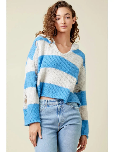 Hoodie - Distressed Sweater Blue Mix