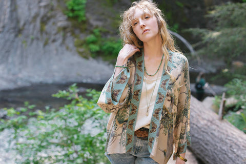 Cropped Bamboo Kimono Cardigan - Earth and Sky Cropped with Tree Print
