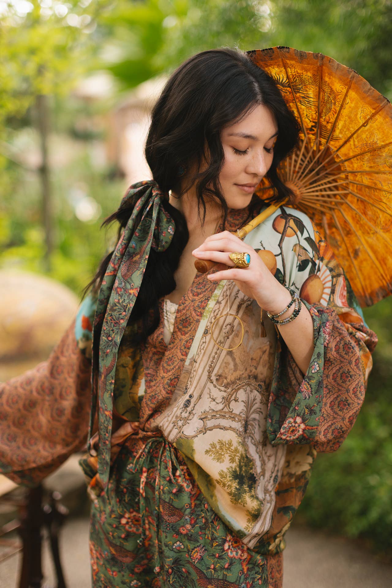 Cropped Bamboo Kimono Cardigan - Secret Garden with Swan