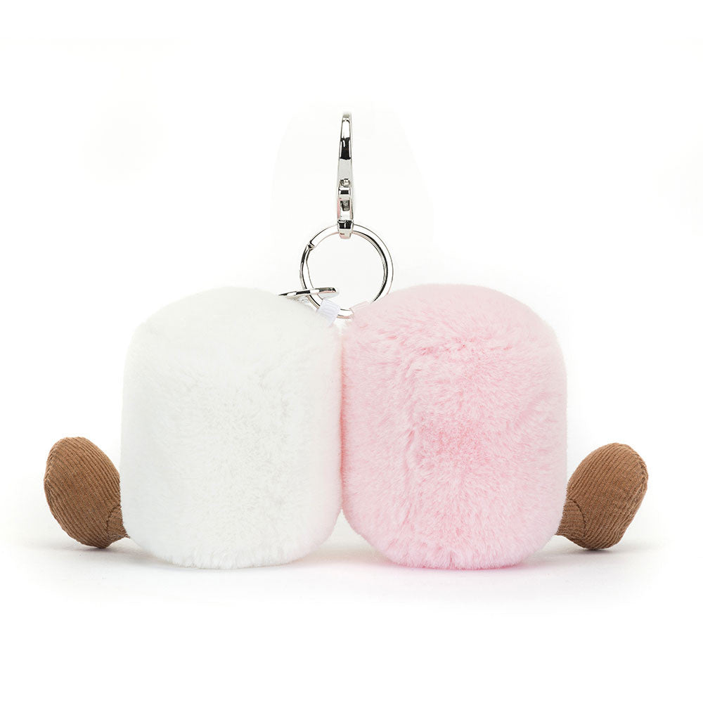 Clip keychain with a pair of marshmallows - one pink and one white.