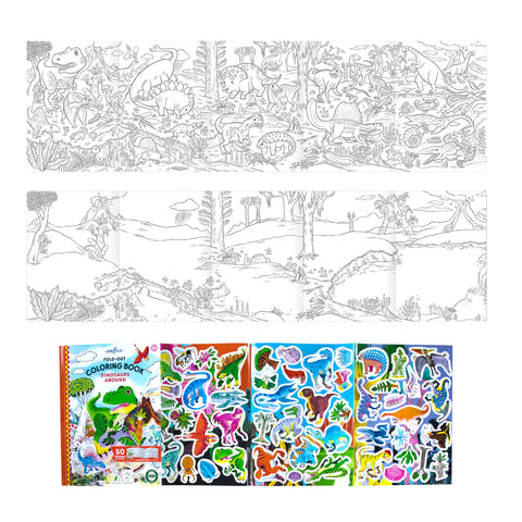 Image shows two examples of the fold out coloring pages and one example of the sticker pages.