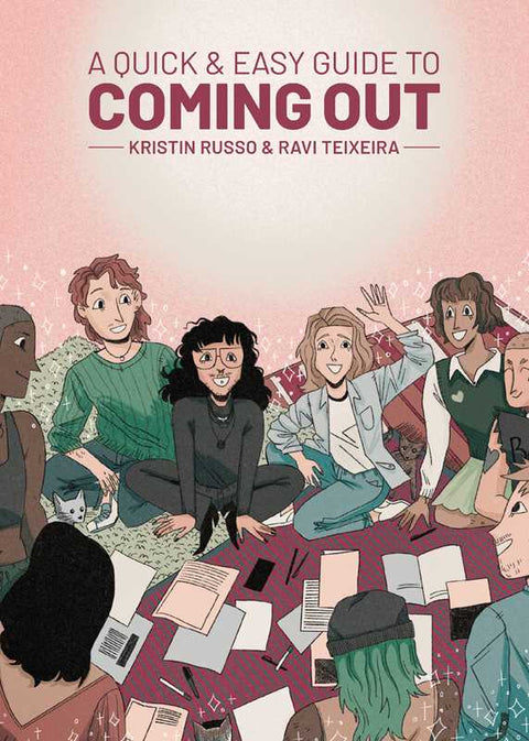 Image shows book cover for "A Quick & Easy Guide to Coming Out". Image shows a group of teens and young adults talking.