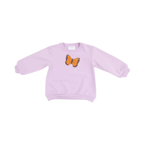 Image shows a light lavender-colored kids' sweatshirt with a monarch butterfly applique in the middle of the chest