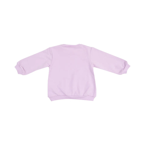 Image shows the plain back of the lavender-colored sweatshirt