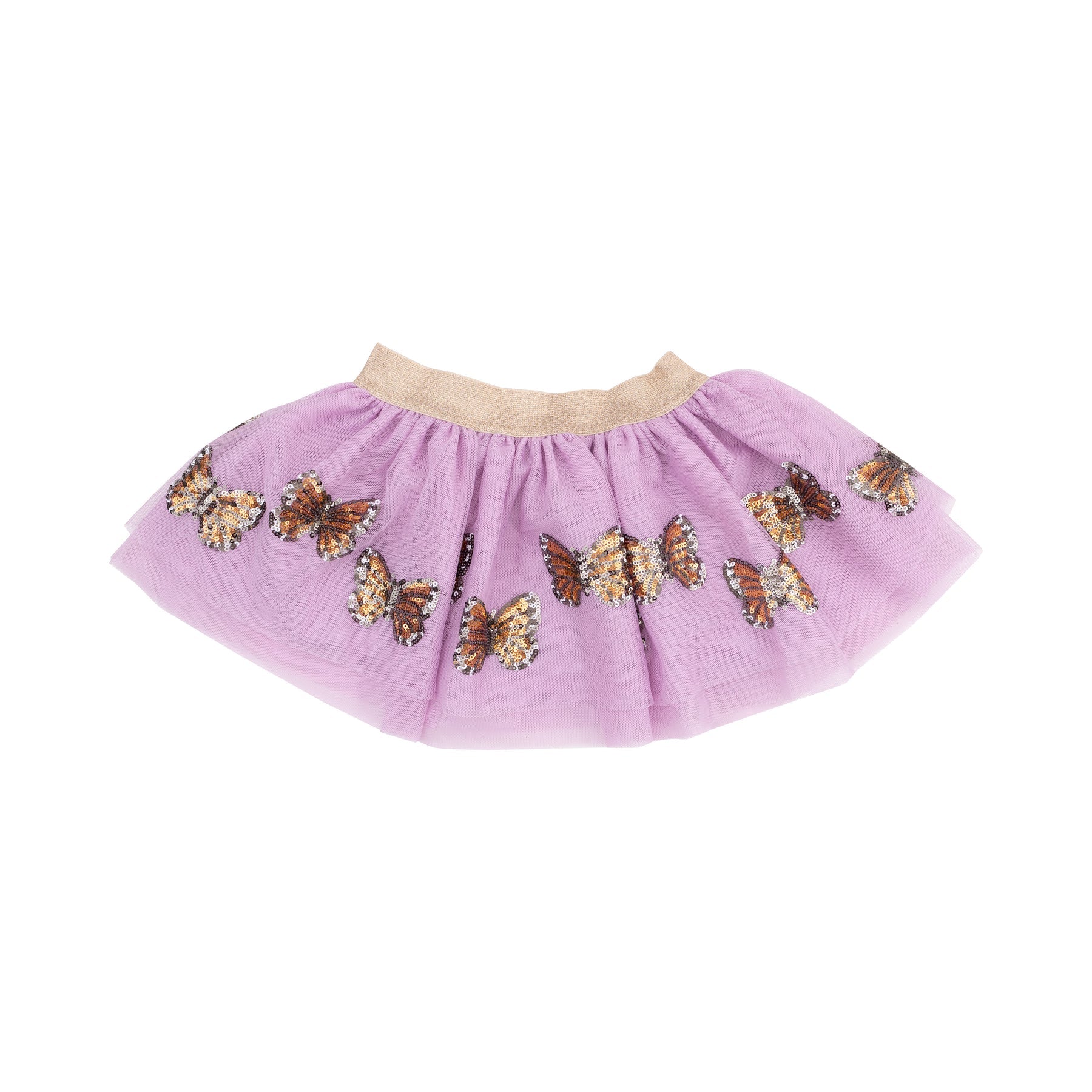 Image shows a light purple tutu skirt with monarch butterflies scattered throughout