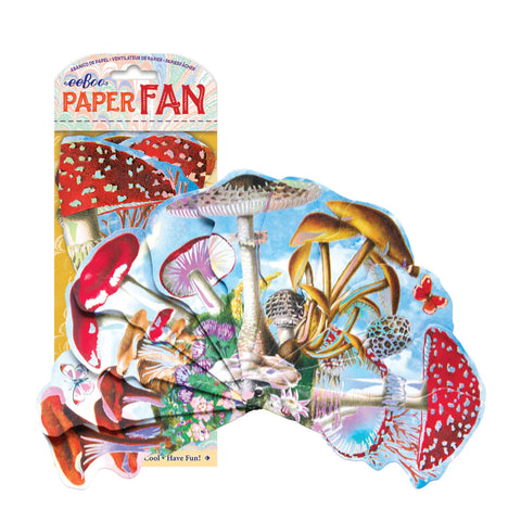 Image shows a paper fan with a collage of various types of mushrooms