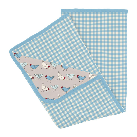 Stroller Blanket - Seaside Blue Gingham/Latte Chickens