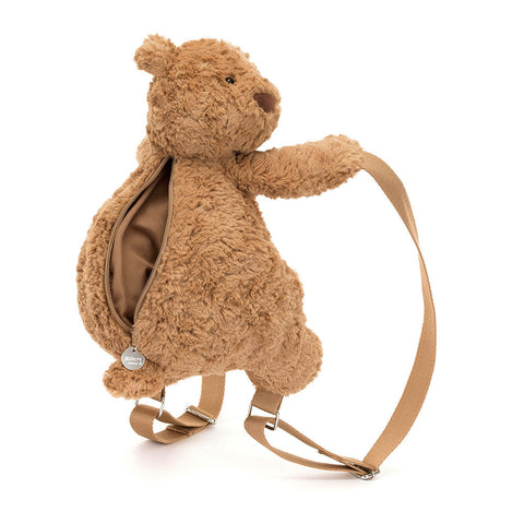 Brown teddy bear-shaped backpack on a white background