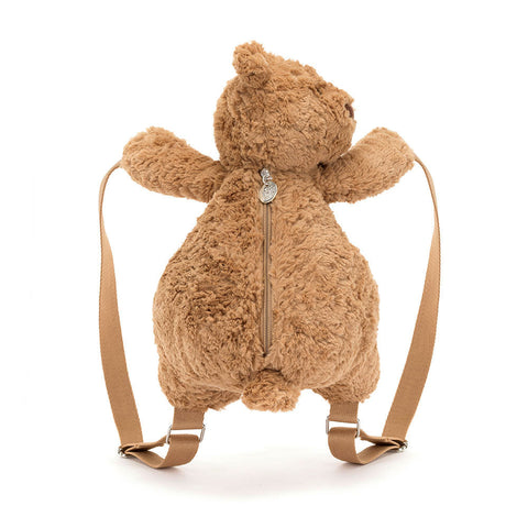 Brown teddy bear backpack with a zipper on a white background