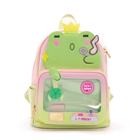 Image shows a PU leather backpack with a frog design. The lower front has a clear plastic zip pouch.