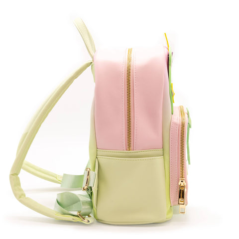 Image shows a side view of the backpack. It is light pink and light green.