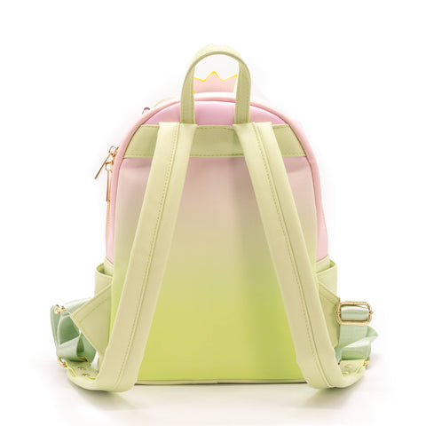 Image shows a back view of the backpack. It fades from light pink at the top to light green at the bottom.