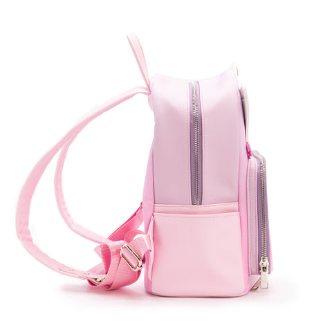 Image shows a side view of the backpack. it is light pink.