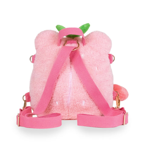 Back view of the plush pink frog backpack