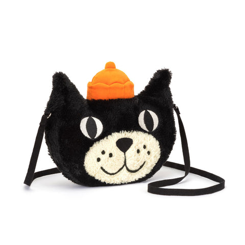 A plush purse in the shape of the Jellycat logo - a black cat with an orange hat