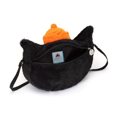 A back view of the plush Jellycat bag. It shows the zippered compartment open.