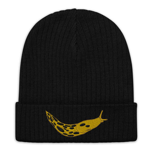 A black knit beanie with a banana slug on the cuff