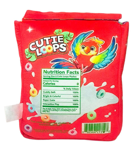 Image shows the back of the stuffed cereal box, including nutrition facts