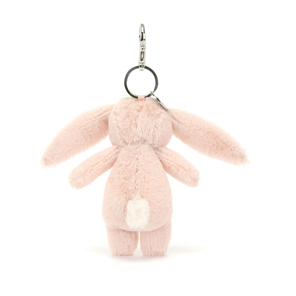 Back View of Stuffed blush bunny hanging from clip keychain