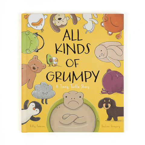 Image shows a hardcover book titled "All Kinds of Grumpy". It has various Jellycat stuffed animals on the cover.