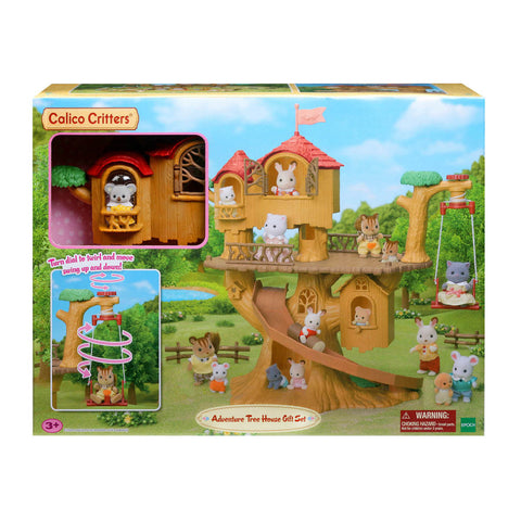 Calico Critters Adventure Tree House toy set packaging with tree house and characters on a white background