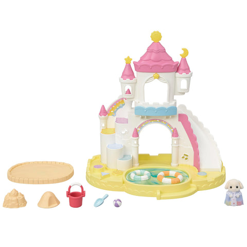 A toy playset featuring a nursery sandbox and pool with a white and pink castle, a Flora Rabbit cradled baby, various play accessories like a bucket and scoop, and swimming rings.
