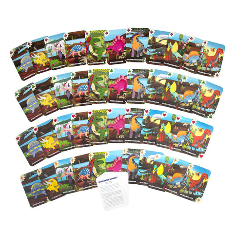 Image shows all of the dinosaur rummy cards laid out