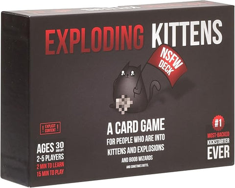 Image shows a black box titled "Exploding Kittens". There is a black kitten with its groin pixelated, holding a flag that says "NSFW deck".