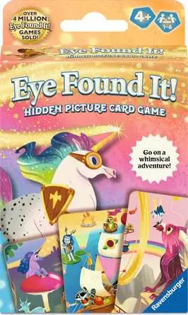 Image shows the front of the box for Fantasy Eye Found It. It shows a unicorn and examples of the cards.