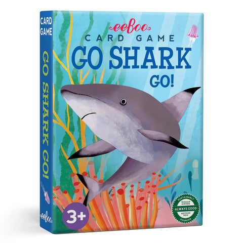 Image shows the game box for Go Shark Go! It has a painted shark in the ocean.