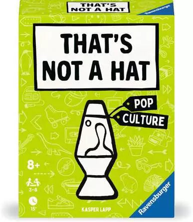 Image shows the game box for That's Not a Hat: Pop Culture. It is lime green with a lava lamp.