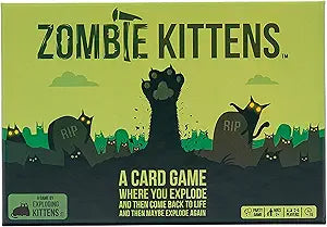 Image shows a green box for a game titled Zombie Kittens. The scene is a graveyard with various cats.