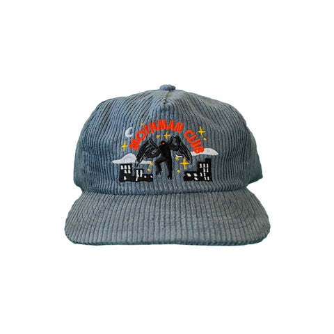Gray corduroy cap with embroidered "Mothman Club" design on a white background