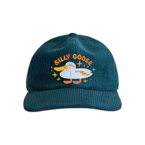 Turquoise cap with 'Silly Goose' embroidered design on a white background