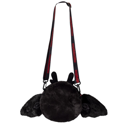 A back view of the plush baby Mothman crossbody bag, with its wings open.