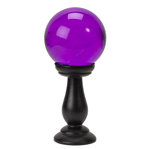Image shows a purple crystal ball sitting on a black stand. The stand has rounded edges.