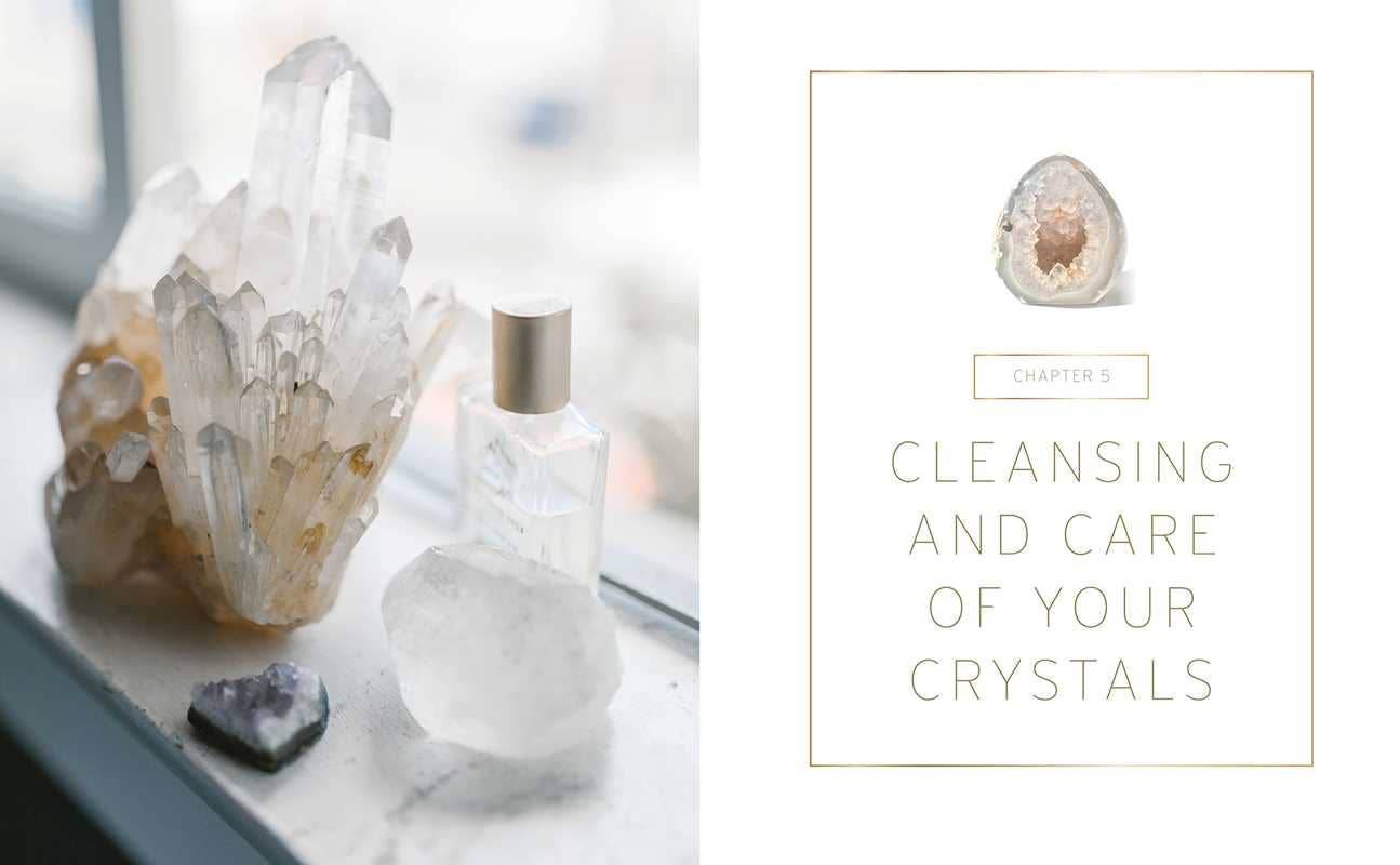 A chapter titled "cleansing and care of your crystals" with a clear raw crystal on the opposite page