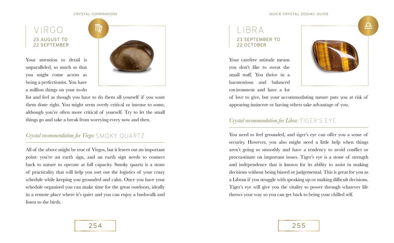 One page each with crystal recommendations for Virgo and Libra zodiac signs