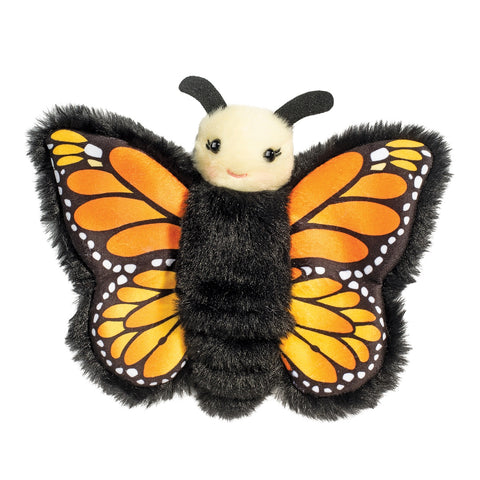 Image shows a small, stuffed Monarch butterfly finger puppet