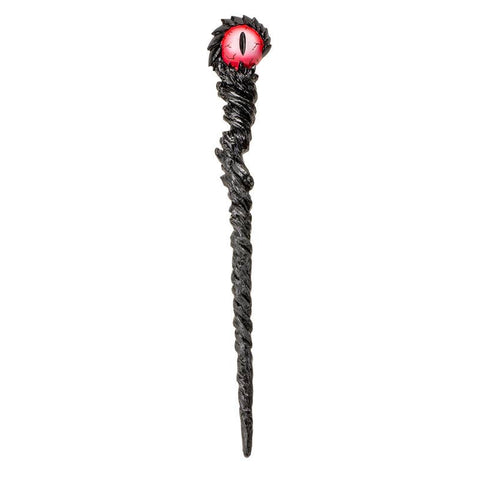 Image shows a black magic wand with a red dragon eye at the top