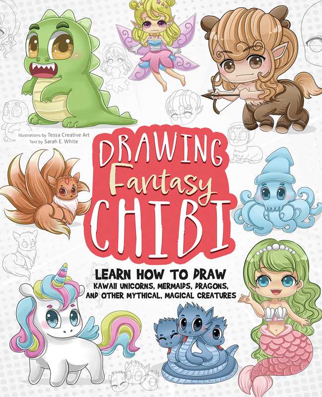 A book cover titled "Drawing Fantasy Chibi" with several chibi-style drawings of fantasy creatures