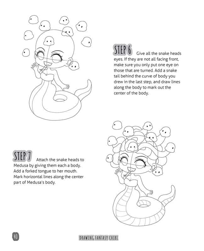 Two steps in drawing a chibi Medusa