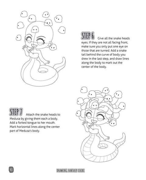 Two steps in drawing a chibi Medusa