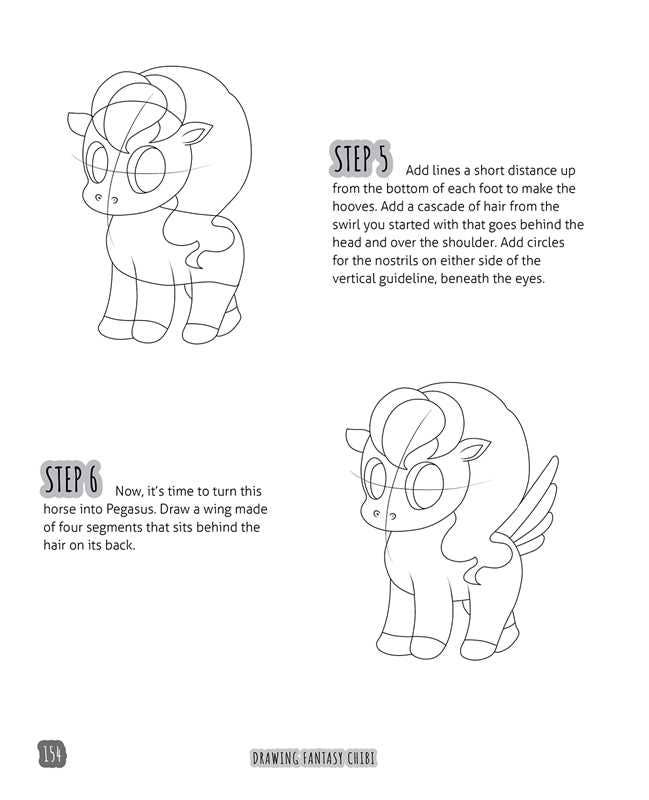 Two steps in drawing a fantasy chibi pegasus